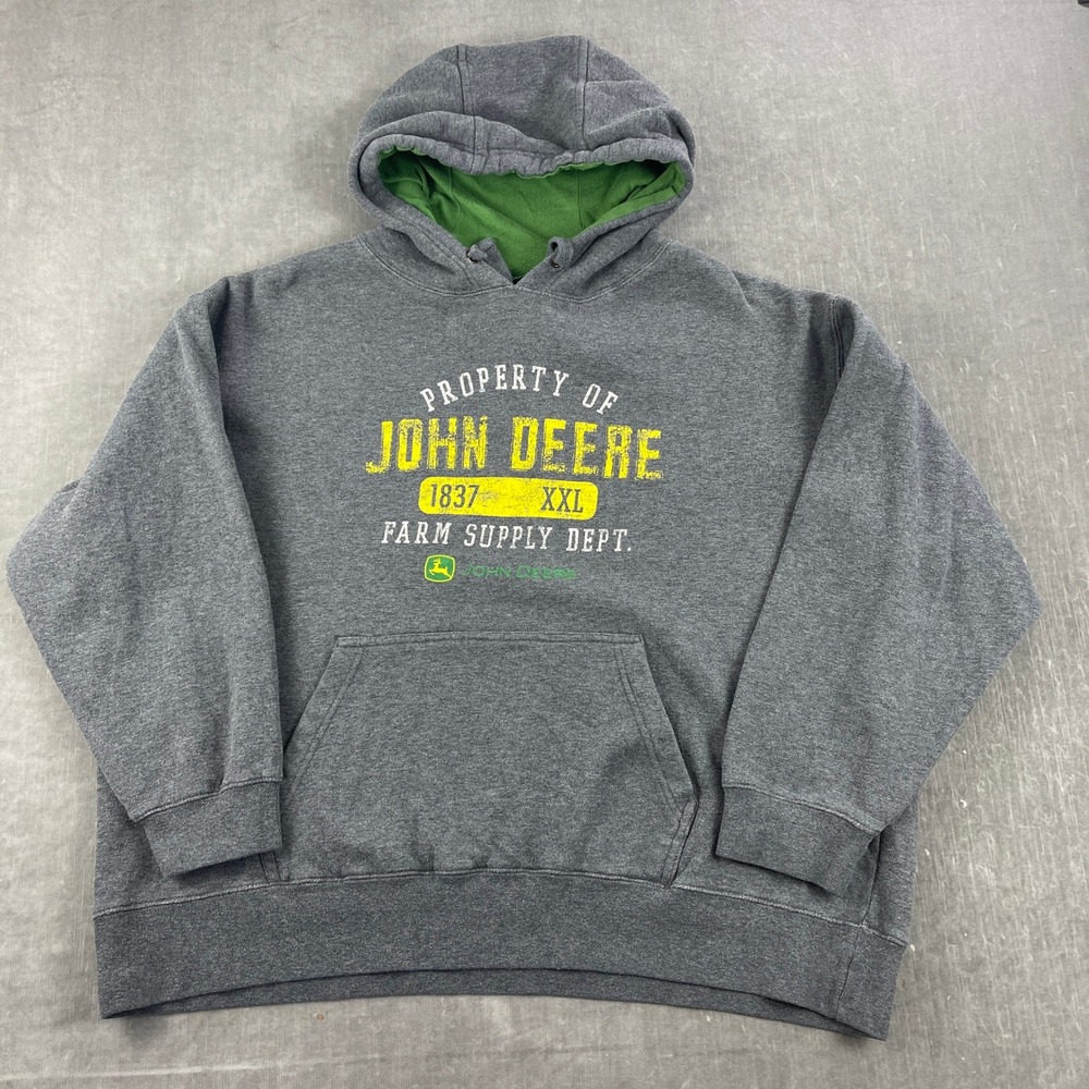 John Deere Mens X-Large Grey Hoodie Farm Supply Dept Distressed Graphic Pullover